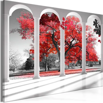 Produktbild von Modernes Wandbild Fensterblick 120x80 - 1 Teile Bilder Fotografie auf Vlies Leinwand Foto Bild Dekoration Wand Bilder Kunstdruck Natur Baum rot grau c-C-0358-b-a