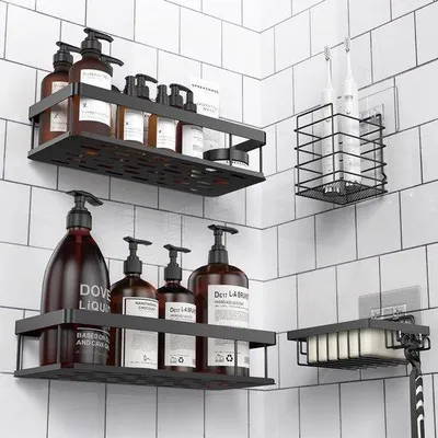 Produktbild von Badezimmer-Organizer ohne Bohren, Wandmontage für Duschablage, Badezimmer-Organizer für Bad und Küche, schwarz, Metall