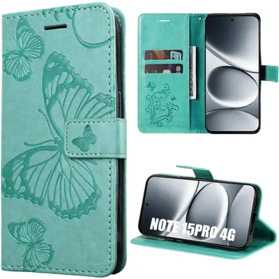 Image de Coque pour Xiaomi Redmi Note 15 Pro 4G, Antichoc Anti-Rayures Effet Cuir Vert avec Motif Papillon