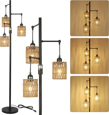 Produktbild von Rayofly Dimmbar Stehlampe, Vintage, 3-flammige Boho Rattan, dimmbar, für Wohnzimmer, Schlafzimmer, Höhe 165cm