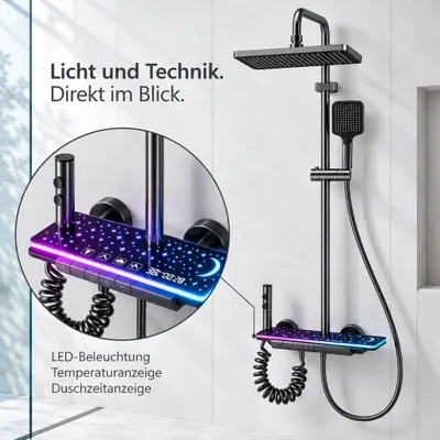 Produktbild von Duscharmatur mit LED-Display – Duschsystem mit Temperatur- & Duschzeitanzeige, eckiger Kopfbrause, Handbrause & Reinigungsbrause – Gunmetal