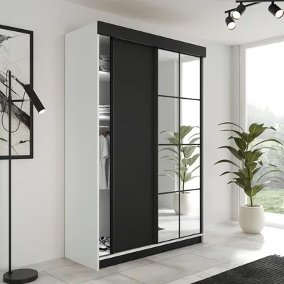 Produktbild von FurMeb24 2-türiger Schiebetürenschrank LAMER 138x205 cm Kleiderschrank mit Spiegel (weiß + schwarz)