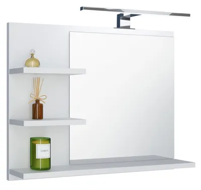 A white bathroom mirror with shelves and decorative items.
