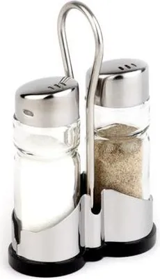 Produktbild von APS 40455 Menage ECONOMIC, 8 x 4 cm, Höhe 13 cm, Glas, Edelstahl, ABS, Set besteht aus: Salz- und Pfefferstreuer, Ständer