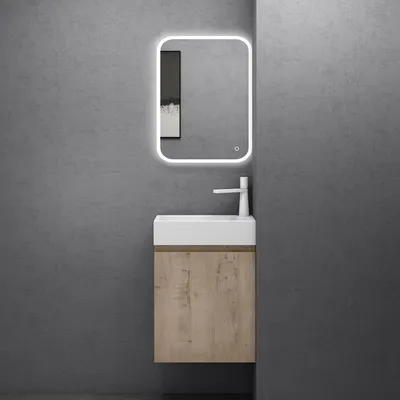 Immagine prodotto di doporro Set Mobile Bagno con Lavabo e Specchio LED Mobiletto Bagno Sospeso per WC Ospiti 46x26x63cm Rovere chiaro, Lavabo da Parete Bianco, Seria Pisa02