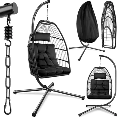 A collage of images showing a black hanging egg chair with cushions, a protective cover, and its components.