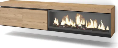 Image de COZY Meuble TV, Banc Télé, 208x35x45cm, Pour les TV jusqu'à 80", Cheminée électrique XXL, Suspendu, Mural, Chêne