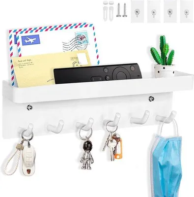 Produktbild von Schlüsselhalter mit Ablage, multifunktional, selbstklebend, rostfreier Metallhalter für Eingang, Küche, Büro, Badezimmer, Wohnzimmer (Weiß)