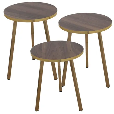 3er-Set runde Beistelltische Holz/Metall, Walnuss/Gold, 38x51/48/45 cm