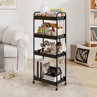 Image de Chariot de cuisine à roulettes avec 4 étagères, chariot de rangement mobile, 6 crochets métalliques, chariot de service, étagère de cuisine, roulettes avec 2 freins, chariot multifonctionnel pour la cuisine, le salon, la salle de bain et la maison, noir