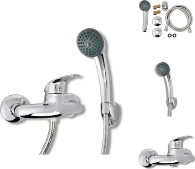 A collection of chrome-finished bathroom shower fixtures, including faucets and showerheads, displayed against a white background.