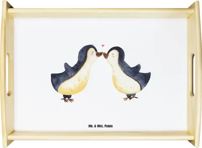 Produktbild von Mr. & Mrs. Panda Tablett Pinguin Liebe - Weiß - Geschenk, serviertablett holz, Verlobung, Freundin, Verlobter, Bett-Tablett, betttablett, Liebesspruch, Sofa, Hochzeit