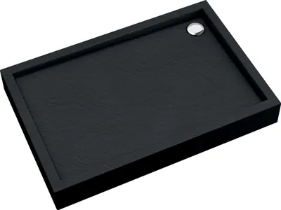 A black rectangular shower tray with a silver drain cover, presented on a white background.