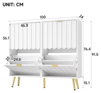 Immagine prodotto di Armadio per scarpe stretto - Contenitore per scarpe con 4 ante a ribalta - Ripiani interni regolabili - Sistema antiscottatura - Salvaspazio - Bianco - 100 x 24 x 91,5 cm