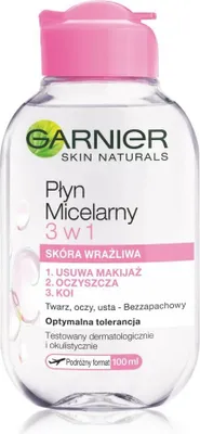 A bottle of Garnier Skin Naturals Micellar Solution 3in1 for sensitive skin.