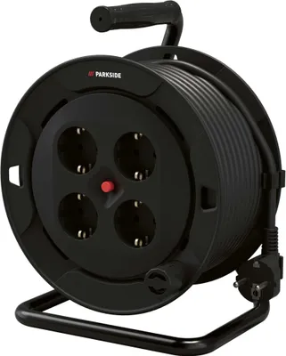 A black cable reel with a steel tube frame and multiple sockets, presented against a white background.