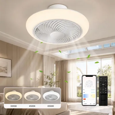 Image de Ventilateur de plafond de 46 cm avec éclairage - Ventilateur silencieux de 36 W avec moteur à courant continu, contrôle via application et télécommande, lampe de plafond LED, variateur d'intensité, idéal pour les chambres d'enfants, design plat, productTiles.product.images.aiGenerated