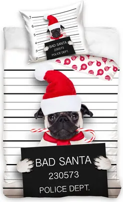 Produktbild von Weihnachten "Bad Santa" gestreifte Merry Christmas Winter Bettwäsche 80x80 + 135x200 cm · 2-teilig · Mops als Weihnachtsmann · 100% Baumwolle in Renforcé