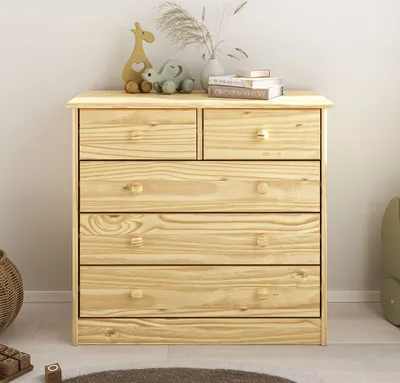 Produktbild von Kommode RONDO aus Kiefer Massivholz, natur - Kinderzimmer Schubladenkommode mit 5 Schubladen und Holzgriffen