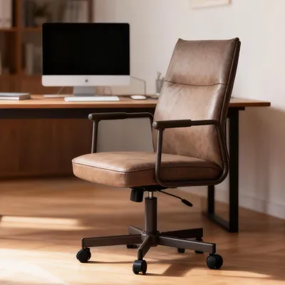 A brown office chair is shown in front of a desk with a computer.