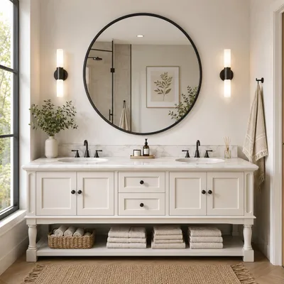 Productafbeelding van INONEFT Wandspiegel, Modern, Rond, 75 cm, Aluminiumframe, Gehard glas, Geschikt voor badkamer, woonkamer, slaapkamer, hal, Zwart, AI-gegenereerde afbeelding