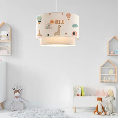 Produktbild von Kinder-Hängeleuchte 'Lurgan' höhenverstellbar mit Giraffen-Motiv Stoffschirm Weiß