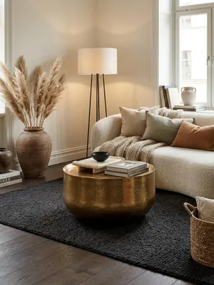 Eleganter runder Couchtisch in Gold, zentral platziert in einem modernen Wohnzimmer auf einem dunklen Teppich vor einem Sofa, mit dezenter Dekoration._#sku_SAFWL6.454#