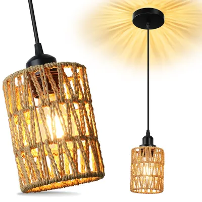 Produktbild von Rattan Pendelleuchte Esstisch 1 Flammig Vintage Hängelampe Deckenlampe Boho Lampe Hängend Esstischlampe E27 Deckenleuchte, Ø30cm, H120cm, Warmweiß