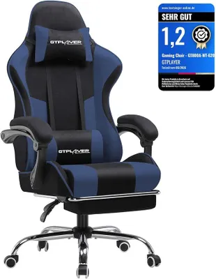 Produktbild von Gaming Stuhl Stoff, Bürostuhl Massage Gaming Sessel Ergonomischer Gamer Stuhl mit Fußstütze, Gepolstert Gaming Chair, Drehsessel 150KG, blau