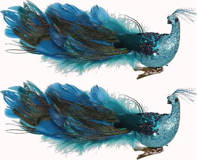 Two decorative clip-on peacock ornaments with blue and teal feathers and glittery bodies, displayed against a white background.