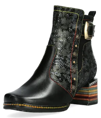 Produktbild von Laura Vita Damen Stiefelette bunter Blockabsatz Rosen-Nieten Schnalle IBCANO 07, Größe:37 EU, Farbe:Schwarz