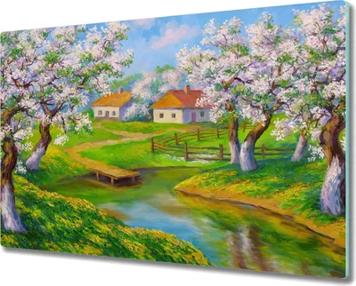 Produktbild von Coloray Hackbrett Herdabdeckplatte 80x52 cm Küchenbrett Kochplattenabdeckung Schneidebrett - Der Baum Dorf Blumen Wasser