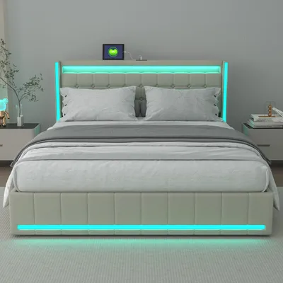 Obrázok produktu pre UnboxG Čalúnená posteľ 160x200cm s funkciou nabíjania (USB&Typ-c), úložný priestor manželská posteľ s lamelovým roštom a 4 zásuvkami, posteľ pre mladých s LED, drevená funkčná posteľ, posteľná bielizeň, béžová