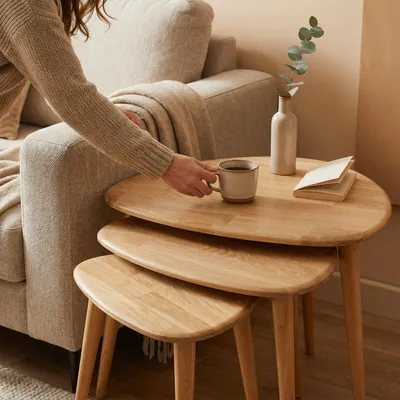 Produktbild von Couchtisch-Set, 3-teilig, Transparent Kastanienbraun, aus Holz im Retro-Stil