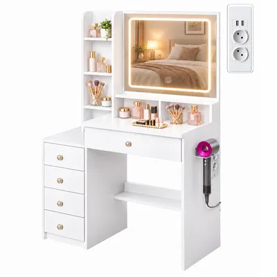 Productafbeelding van Make-uptafel met LED-verlichting en stopcontacten, kaptafel met spiegel, 5 lades, föhnhouder, 3 lichtkleuren, dimbaar, wit, 90 x 40 x 132 cm
