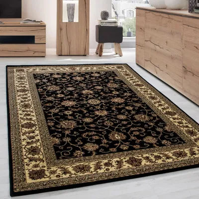 Produktbild von Klassischer schwarz-beiger Teppich mit orientalischem Blumenmuster – elegantes Design für Wohn- und Esszimmer, 12 mm 240 x 340 cm