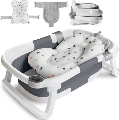 Produktbild von Baby Badewanne Faltbare Babybadewanne mit Thermometer, Klappbare Tragbare Neugeborenen kinderbadewannen für Babys von 0-36 Monaten, Grau