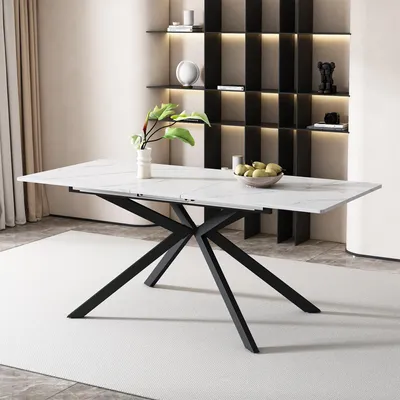 Produktbild von Esstisch Rechteckig 150-180x70 cm für 4-6 Personen, MDF mit Marmorstruktur, Kreuzbein-Design, Ausziehbar, Schwarz-Weiß