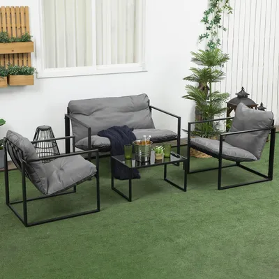Produktbild von Sweiko Gartenmöbel-Set, 1 Glastisch, 2 Sessel. 1 Sofa, wetterbeständig,114 cm x 70 cm x 67 cm, Grau+Schwarz