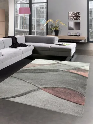 Produktbild von Teppich modern Teppich Wohnzimmer Wellen rosa grau pastell Größe - 80x150 cm