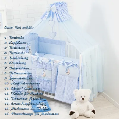 Produktbild von Babybettwäsche Komplettset 16 Teilig ohne Bett für Bettchen in Größe 60x120 aus 100% Baumwolle bestickt mit einem Teddybär mit Herz inkl. Moskitonetz Blau