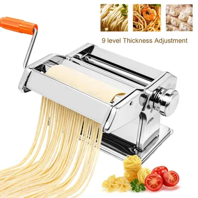 Immagine prodotto di Macchina per la pasta - Macchina manuale per la pasta - Acciaio inossidabile - 9 livelli di spessore regolabili - Ideale per spaghetti, fettuccine, lasagne e ravioli - Argento