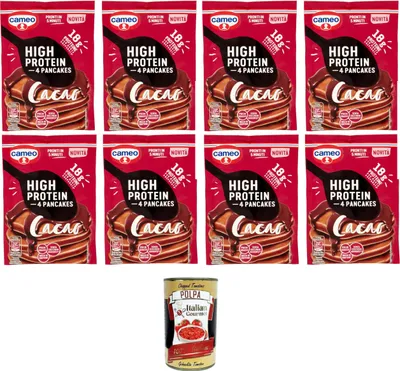 Produktbild von Cameo High Protein Pancake, Kakaoprotein-Pfannkuchenmischung mit Süßstoff, reich an fettarmen Proteinen ohne Zuckerzusatz (enthält von Natur aus Zucker) 8x70gr + Italian Gourmet polpa 400
