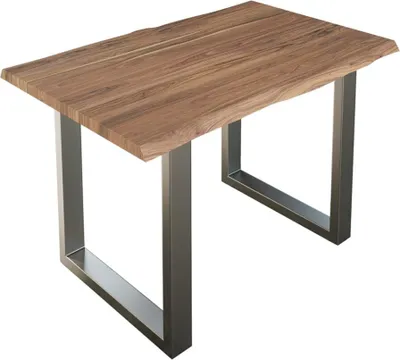 Produktbild von Esszimmertisch 140x80 cm Lauren, Baumkantentisch aus Akazienholz, massiv + stonefarben, U-Metallgestell Silber, Esstisch mit echter Baumkante