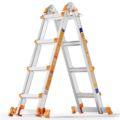 Immagine prodotto di Scala multiuso a 4 gradini, altezza 4,27 metri, in alluminio, con barra stabilizzatrice e ruote, capacità di carico 150 kg