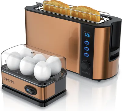 Produktbild von Arendo Frühstücks-Set 2-teilig, 6er Eierkocher SIXCOOK, 2-Scheiben Langschlitz Toaster, Kupfer