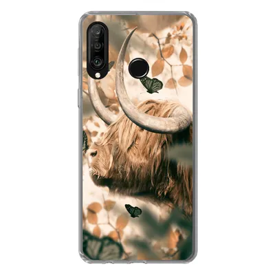 Produktbild von MuchoWow® Handyhülle Schutzhülle Hülle für Huawei P30 Lite Schottische Highlander - Schmetterlinge - Blätter Silikon Softcase Handy Hülle - Handyhülle