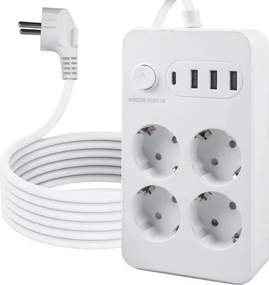 Immagine prodotto di Prese multiple USB Type-C con cavo intrecciato da 2 m, 4 prese, 2500 W, protezione da sovracorrente 10 A, bianco