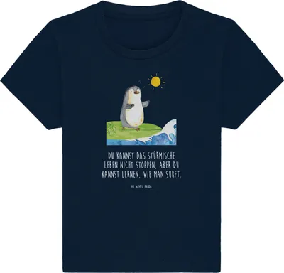 Produktbild von Mr. & Mrs. Panda  T-Shirt Pinguin Surfer 12. - 18. Monat - French Navy - Geschenk, Baby Shirt, Hawaii, Babyshirt, Urlaub, Kinder, Portugal, Optimistisch, Motiviert