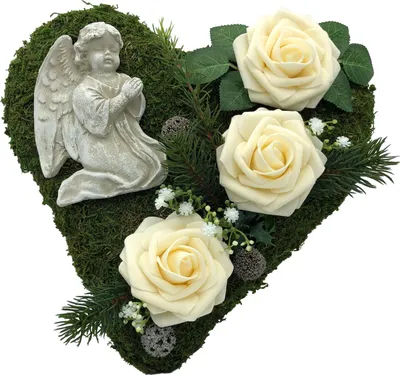 Produktbild von Grabgesteck Grabschmuck Moosherz Grabherz Engel Trauerherz Grab Herz Gesteck Rosen creme